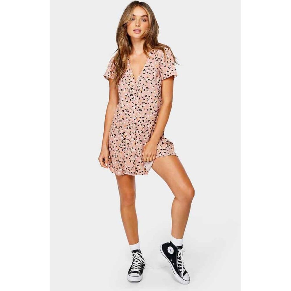 RVCA Pebble Button-Up Dress in Brown NEW